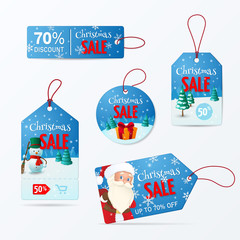 Wall Mural - Vector set of tags for Christmas sale. Vector layout for promotion with Snowman, Santa Claus, gift in the winter scene. Isolated from the background...