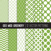 Green Retro Geometric Vector Patterns In White And Greenery - 2017 Color Of The Year. Chevron, Polka Dots, Diamond Lattice, Scallops And 

Quatrefoil. Tile Swatches Made With Global Colors.