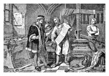 Johannes Gutemberg The First European Publisher In His Print Workshop. Gutemberg(1398 –  1468) Was A German Inventor From Mainz Who Introduced Print In Europe