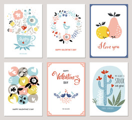 valentine's cards in scandinavian style. bouquet, floral wreath, apple, pear, love birds, cacti and 