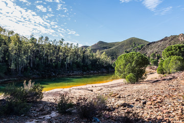 Gorgeous panoramic view ol Odiel river in antique exploitation of copper mine in village Sotiel Coronada in  Huelva, Andalusia, Spain