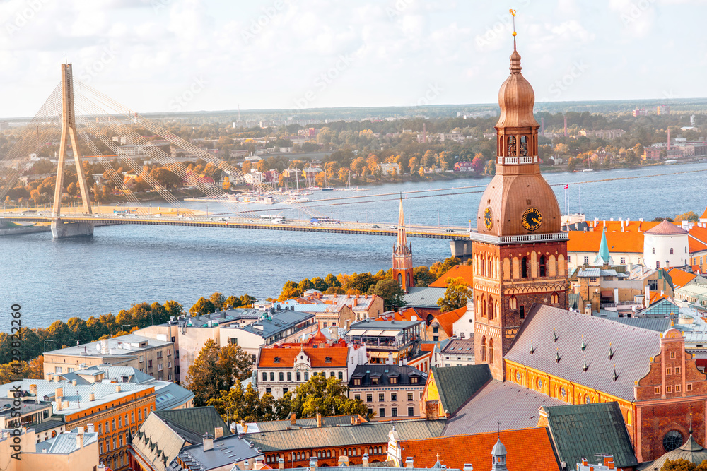 Cityscape aerial view on the old town with Dome cathedral and Daugava river in Riga city, Latvia - obrazy, fototapety, plakaty 