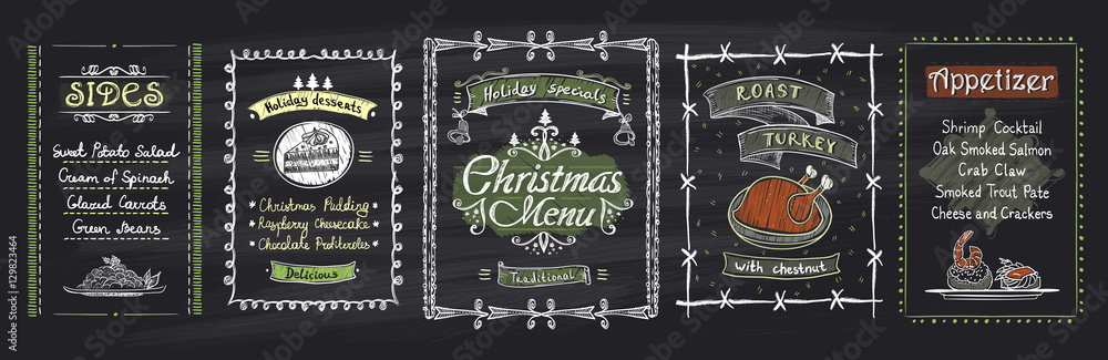 Chalk Christmas menu blackboard designs set. Vector hand drawn illustration with holidays menu - obrazy, fototapety, plakaty 
