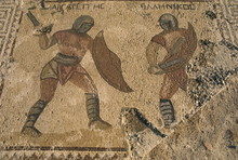 Detail Of Mosaic Showing Fighting Warriors With Swords And Shields, Kourion, Cyprus