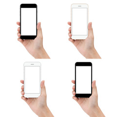 Poster - close up hand hold phone isolated on white background, mock-ups