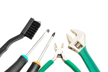 Group of used tools on white background