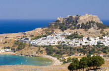Typical Dodecanese White Houses And The Acropolis Above Lindos, Rhodes, Dodecanese Islands, Greek Islands, Greece