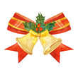 Watercolor Christmas bow with holly on white background
