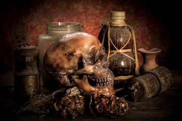 Human skull on old wood background, still life concept