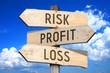 Profit, risk, loss - wooden signpost