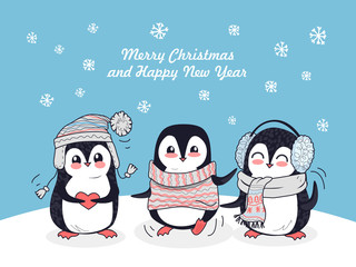 Sticker - Merry Christmas and Happy New Year Poster Penguins