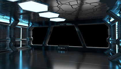 Wall Mural - spaceship blue interior with empty window 3d rendering elements