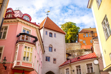 Wall Mural - Street view with gate tower in the old town of Tallinn, Estonia