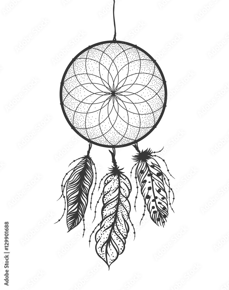 Dreamcatcher with detailed feathers. Boho style tattoo. Vector illustration  Stock Vector | Adobe Stock, image size:789x1000