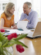 © MDBPIXS - Smiling mature couple looking at bills with calculator and laptop