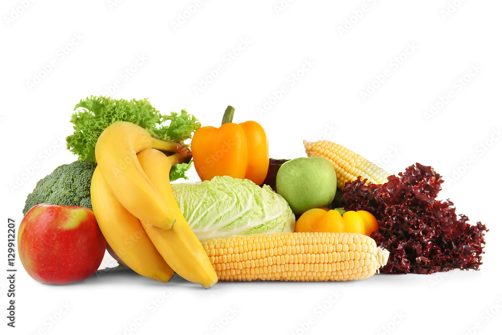 Collection of fruits and vegetables on white background