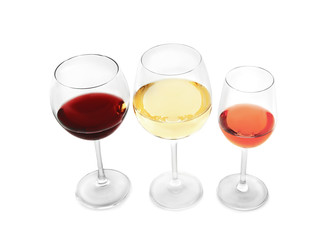 Wall Mural - Three glasses with tasty wine on white background