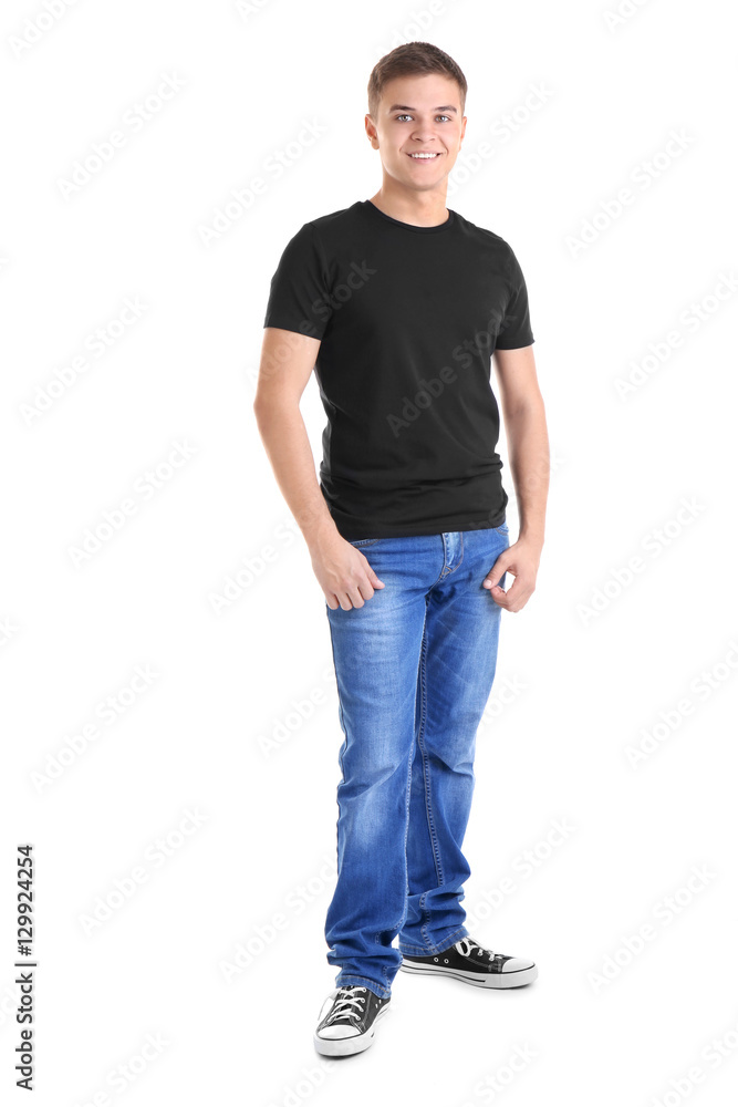 Handsome young man in blank black t-shirt on white background