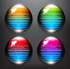 Wall Mural - Abstract vector banner set of 4. Glass marbles with yellow, green, blue and violet design on the black background. Each item contains space for own text. Vector illustration. Eps10.