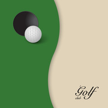 Hole And Golf Ball On Background Of Green Grass With White Area. 