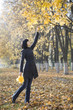 Full length side view of a woman collecting leaves from maple tree in park