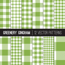 Green Gingham And Buffalo Check Plaid Patterns In White And Greenery - 2017 Color Of The Year. Modern Pixel Gingham Patterns Of Different Styles. Tile Swatches Made With Global Colors.