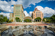 Fountains at Park Square Park and buildings in downtown Ashevill