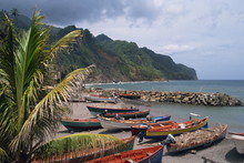 Fishing Boats On Beach, Overcast Sky And Coast, Island Of Martinique, Lesser Antilles, French West Indies