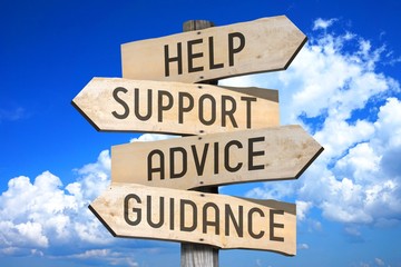 wooden signpost with four arrows - help, support, advice, guidance - great for topics like frequentl
