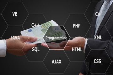 Wall Mural - businessman giving euro money to programmer with virtual panel o