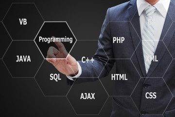 programmer hand touching virtual panel of programming languages,