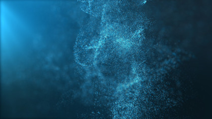 Fototapete - Digital particles floating wave form in the abyss abstract cyber technology de-focus background