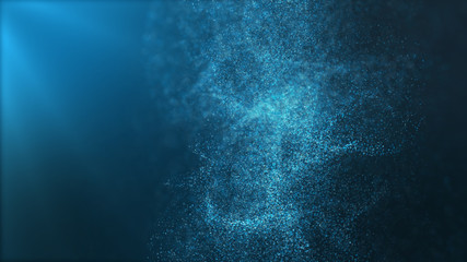 Poster - Digital particles floating wave form in the abyss abstract cyber technology de-focus background