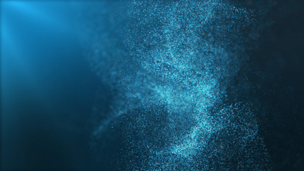 Fototapete - Digital particles floating wave form in the abyss abstract cyber technology de-focus background