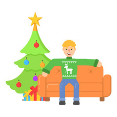 Wall Mural - Christmas character young man in red pullower with deer relax on couch in flat cartoon style.