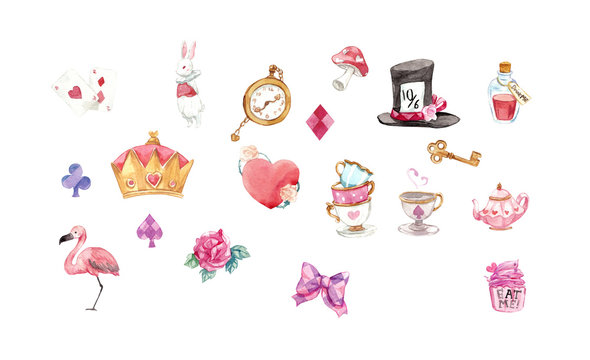 alice in wonderland graphic elements watercolor set with clpping