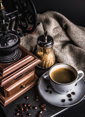 Wall Mural - Coffee. Concept. Old mill. Retro style. Vintage. Beans. Top view.