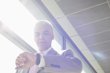 Middle aged businessman checking time at railroad station