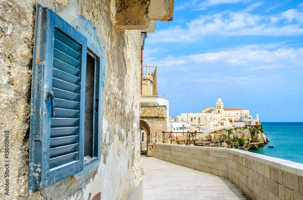 vieste gargano apulia italy window mediterranean sea village - obrazy, fototapety, plakaty 