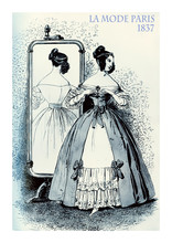 French 1837 Fashion, Young Lady Elegant Dressed For An Evening And Mirror Reflecting The Fancy Dress