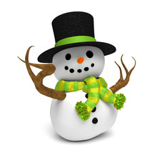 Joyful Snowman: 
Happy Smiling Snowman Wearing A Glittery Hat And A Striped Yellow And Green Scarf (isolated On A White Background)