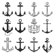 Big Set Of Vintage Style Anchors Isolated On White Background. Design Elements For T-shirt, Poster. Vector Illustration.