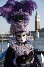 Lady In Black And Purple Mask And Feathered Hat, Venice Carnival, Venice, Veneto