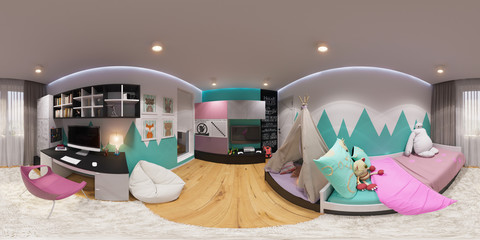 3d illustration spherical 360 degrees, seamless panorama of children's room interior design. Design a child's room for a girl in bright color tones