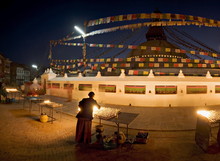 Boudha, A Large Tibetan Stupa At Bodhnath, Shortly Before Sunrise On The First Day Of Lhosar (Tibetan New Year), Kathmandu, Nepal