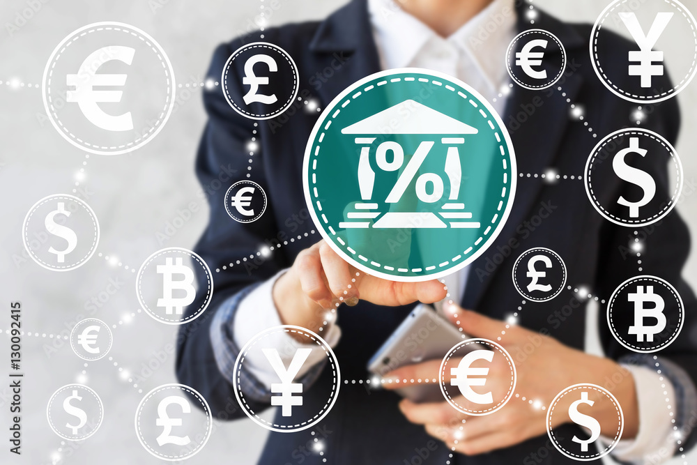 Business, technology and internet concept - businessman presses bank icon with a percent on virtual screen. Businesswoman touched bank button with interest symbol. Banking, money, finance, network.