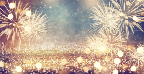 Vintage gold and green Fireworks and bokeh in New Year eve and copy space Wallpaper Mural