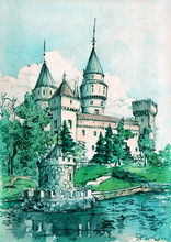 Watercolor Painting Of Bojnice Castle. Ancient Wall And Towers On A Shore Of Some Pond, Summer Landscape.