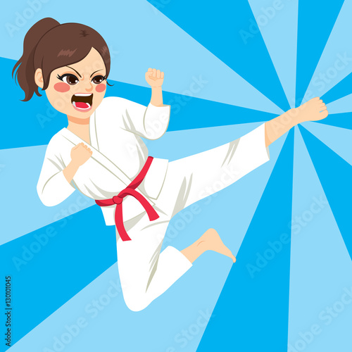 Young teenager karate girl doing kick jump with comic background - Buy ...
