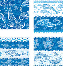 Set Of Seamless Pattern With Dolphins